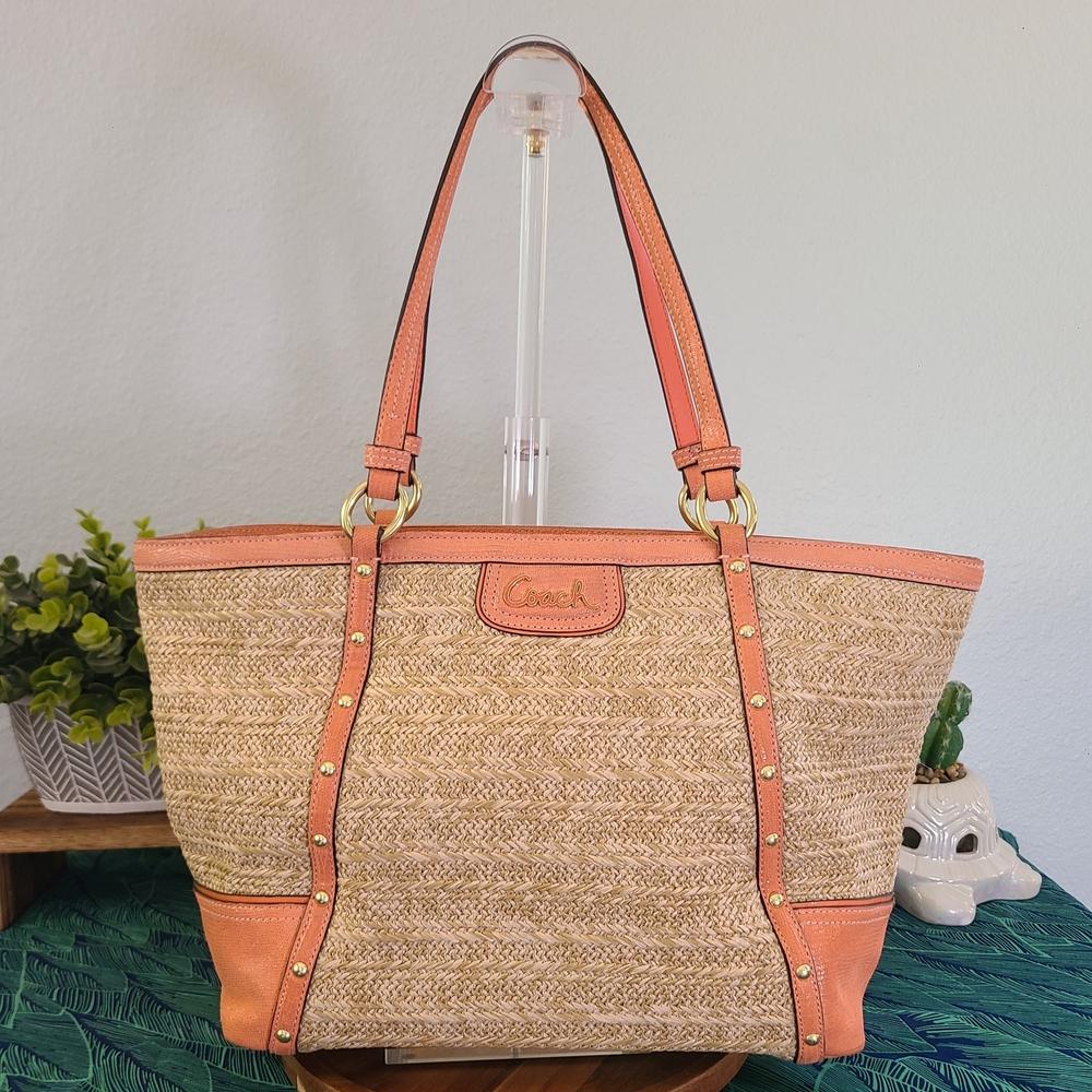 Coach Legacy Straw & Leather Trim Tote in Coral